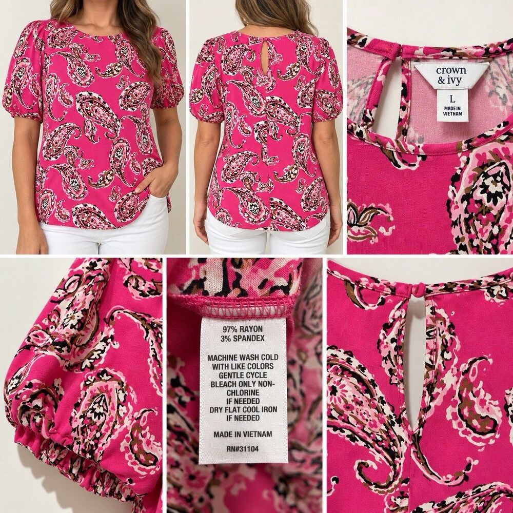 Crown & Ivy Women’s Large Pink Paisley Puff Sleeve Blouse Rayon Stretch L